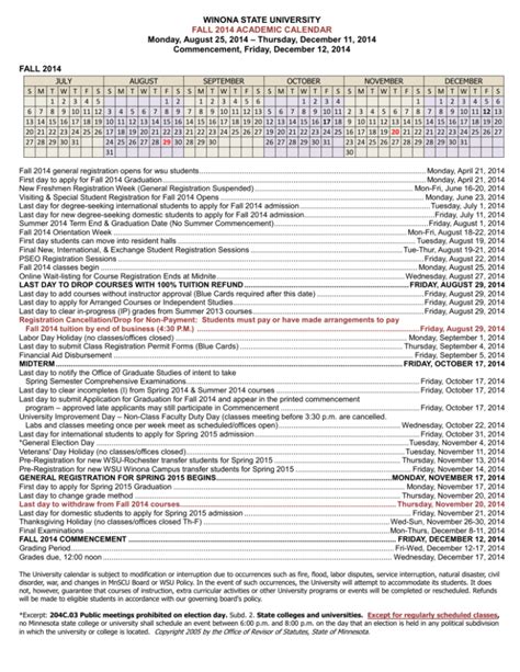 Winona State University Academic Calendar